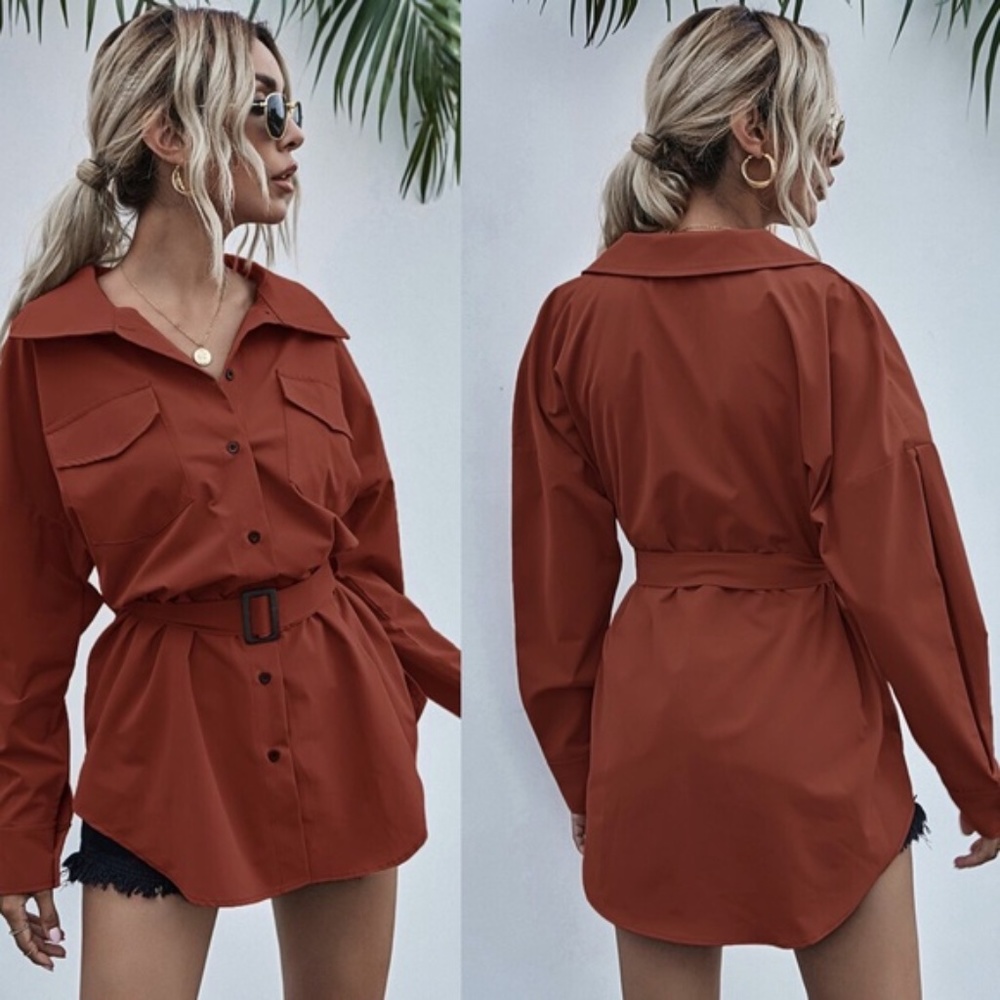 button detail belted long sleeve shirt - black - Picture 8 of 9